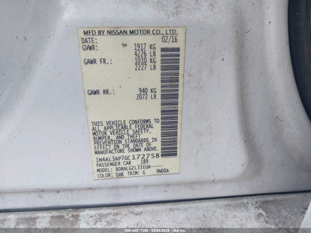1N4AL3AP7GC172758 Nissan Altima 2.5/2.5 S/2.5 Sl/2.5 Sr/2.5 Sv