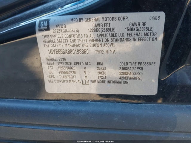 44517401 :رقم المزاد ، 1GYEE53A880198860 vin ، 2008 Cadillac Srx V8 مزاد بيع