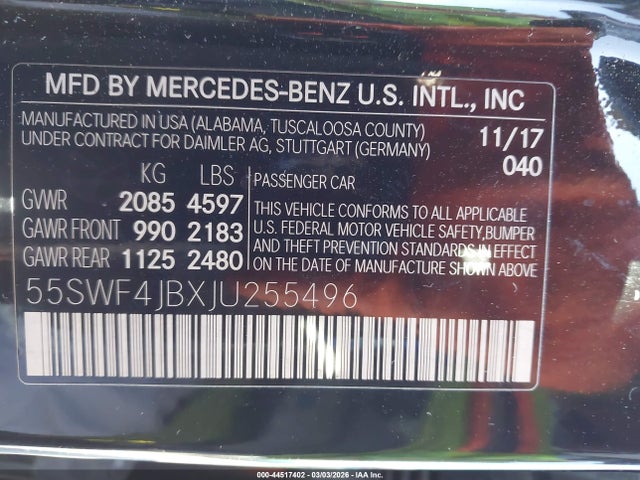 55SWF4JBXJU255496 Mercedes-Benz C 300