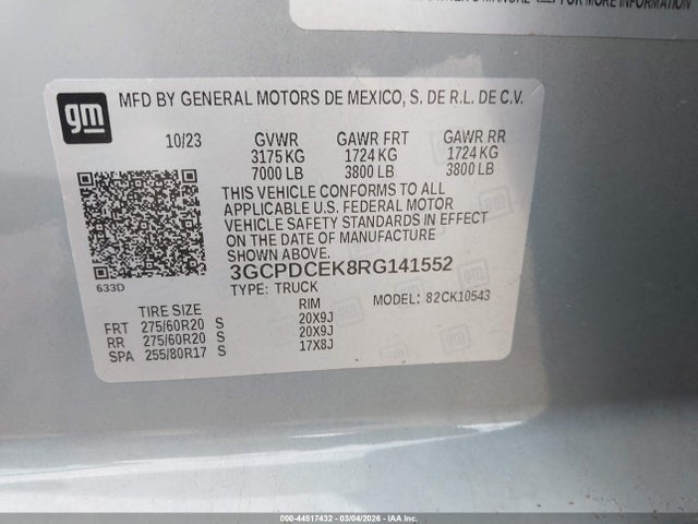 2024 Chevrolet Silverado 1500 4wd  Short Bed Custom Trail Boss მანქანა იყიდება აუქციონზე, vin: 3GCPDCEK8RG141552, აუქციონის ნომერი: 44517432