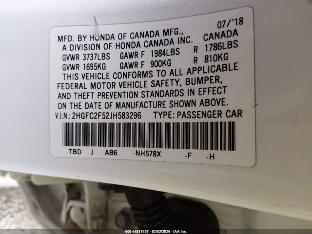 Honda Civic Lx 2018 2HGFC2F52JH583296 Image 9
