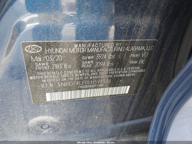44517472 :رقم المزاد ، 5NPD74LF0LH594536 vin ، 2020 Hyundai Elantra Se مزاد بيع
