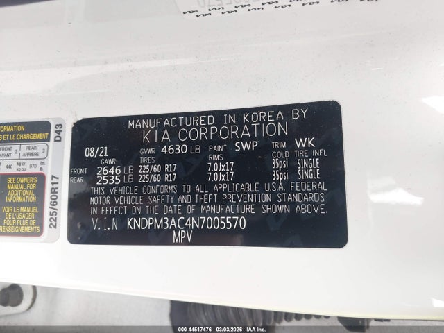 Aukcja sprzedaży 2022 Kia Sportage Lx, vin: KNDPM3AC4N7005570, numer aukcji: 44517476