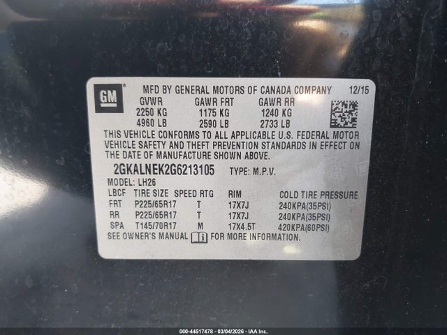 44517478 :رقم المزاد ، 2GKALNEK2G6213105 vin ، 2016 Gmc Terrain Sle-2 مزاد بيع