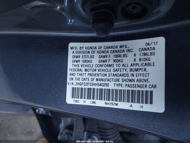 Honda Civic Lx 2017 2HGFC2F53HH540290 Image 9