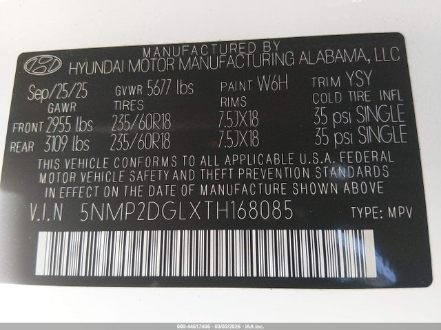 2026 Hyundai Santa Fe Sel მანქანა იყიდება აუქციონზე, vin: 5NMP2DGLXTH168085, აუქციონის ნომერი: 44517486