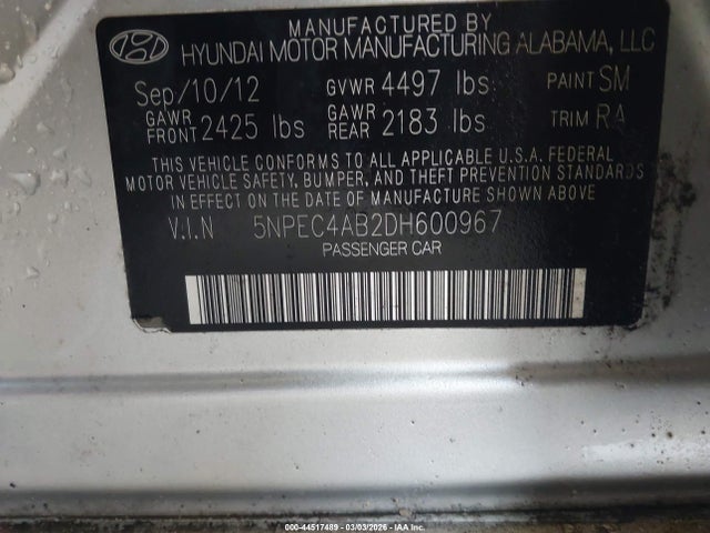 44517489 :رقم المزاد ، 5NPEC4AB2DH600967 vin ، 2013 Hyundai Sonata Limited 2.0t مزاد بيع