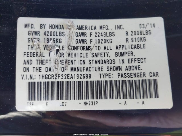 Honda ACCORD LX 2014 1HGCR2F32EA192699 Image 9