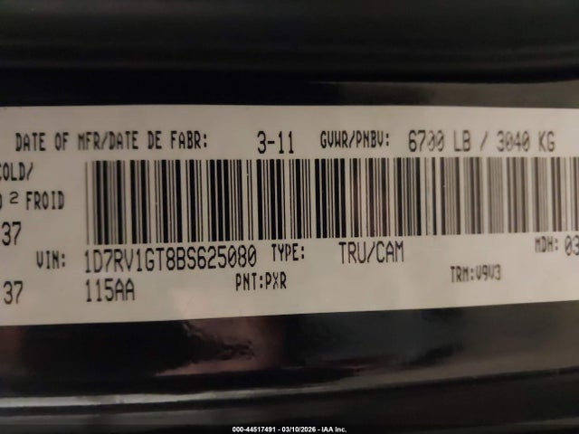Продаж на аукціоні авто 2011 Ram Ram 1500 Slt, vin: 1D7RV1GT8BS625080, номер лоту: 44517491