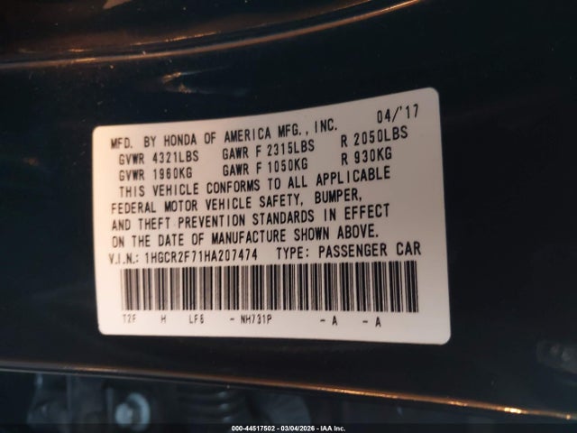 Honda ACCORD EX 2017 1HGCR2F71HA207474 Image 9