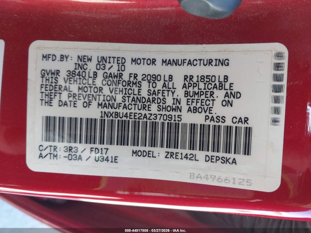 44517508 :رقم المزاد ، 1NXBU4EE2AZ370915 vin ، 2010 Toyota Corolla S مزاد بيع