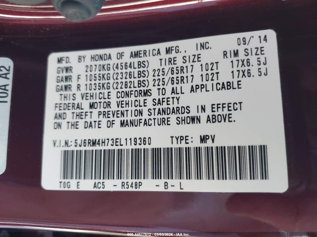 Honda Cr-v Ex-l 2014 5J6RM4H73EL119360 Image 9