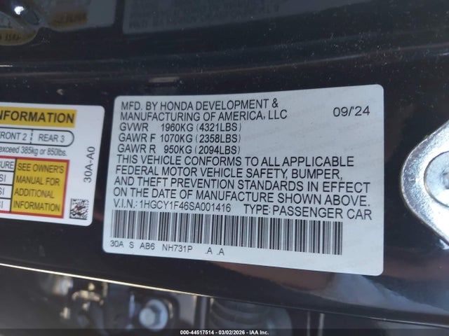 1HGCY1F46SA001416 Honda ACCORD SE
