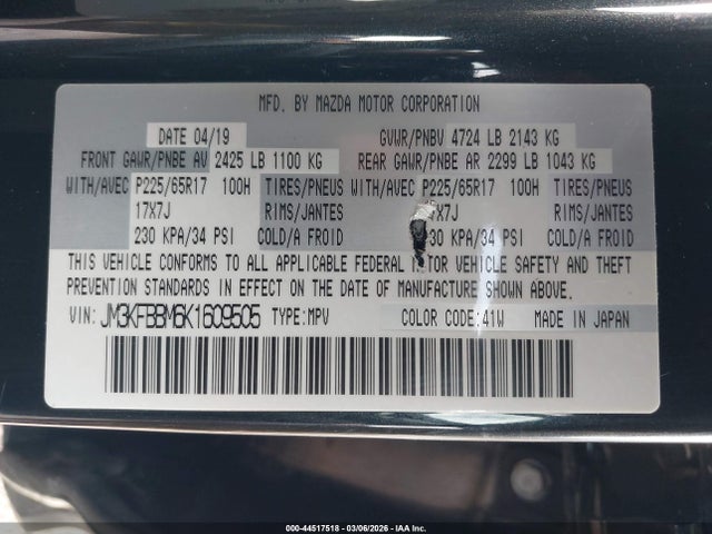 Aukcja sprzedaży 2019 Mazda Cx-5 Sport, vin: JM3KFBBM6K1609505, numer aukcji: 44517518