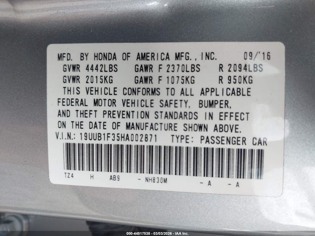Aukcja sprzedaży 2017 Acura Tlx, vin: 19UUB1F35HA002871, numer aukcji: 44517538