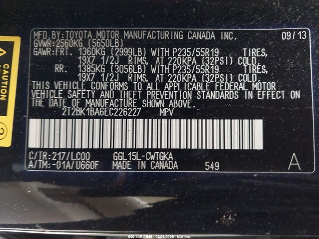 44517546 :رقم المزاد ، 2T2BK1BA6EC226227 vin ، 2014 Lexus Rx 350 مزاد بيع