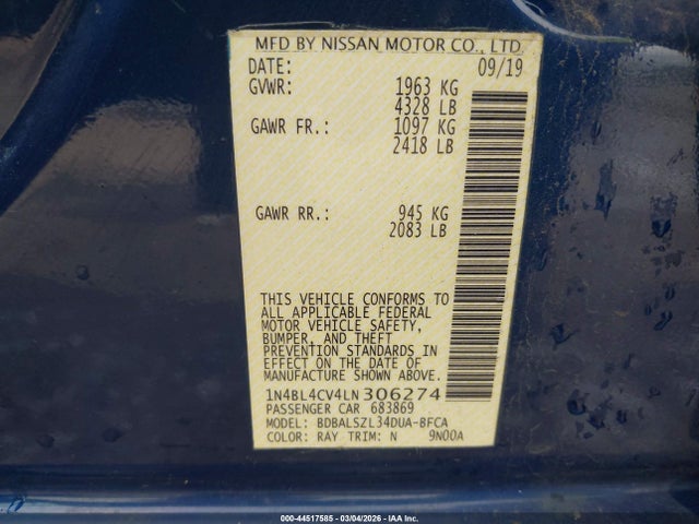 Продажа на аукционе авто 2020 Nissan Altima Sr Fwd, vin: 1N4BL4CV4LN306274, номер лота: 44517585