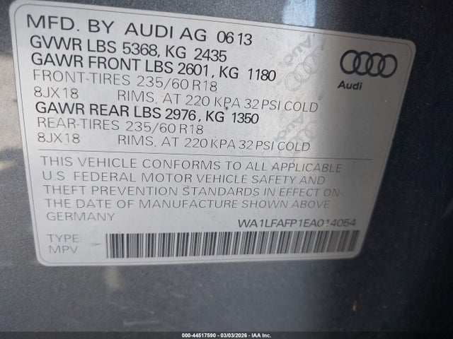 Продаж на аукціоні авто 2014 Audi Q5 2.0t Premium, vin: WA1LFAFP1EA014054, номер лоту: 44517590