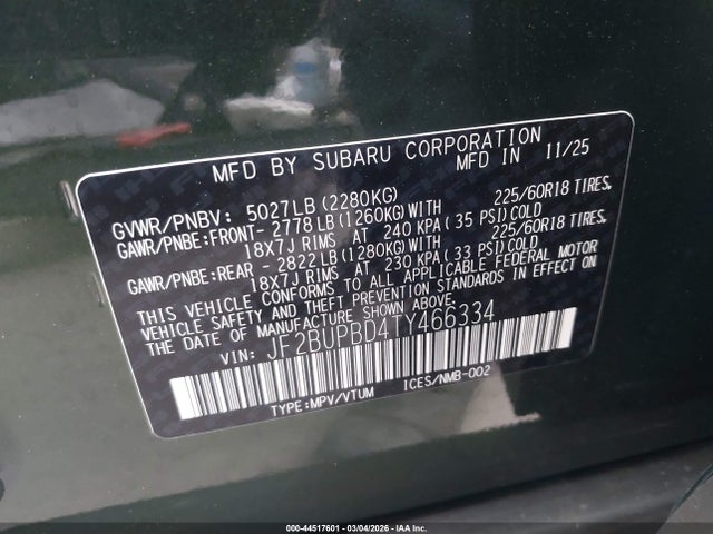 Продаж на аукціоні авто 2026 Subaru Outback Premium, vin: JF2BUPBD4TY466334, номер лоту: 44517601