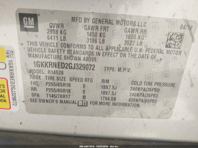 Aukcja sprzedaży 2016 Gmc Acadia Sle-1, vin: 1GKKRNED2GJ329072, numer aukcji: 44517616
