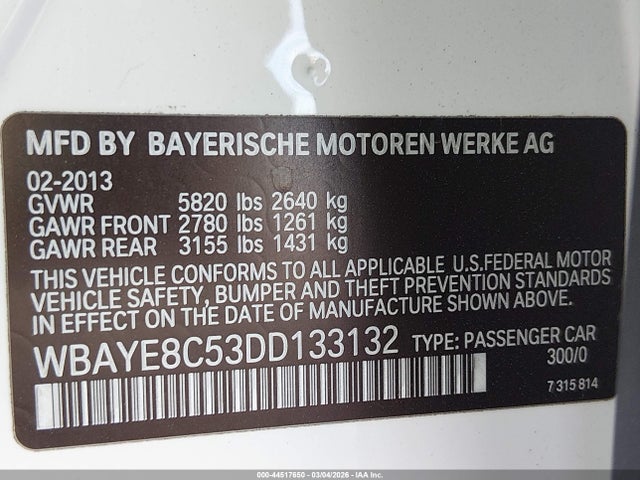 2013 Bmw 750li მანქანა იყიდება აუქციონზე, vin: WBAYE8C53DD133132, აუქციონის ნომერი: 44517650