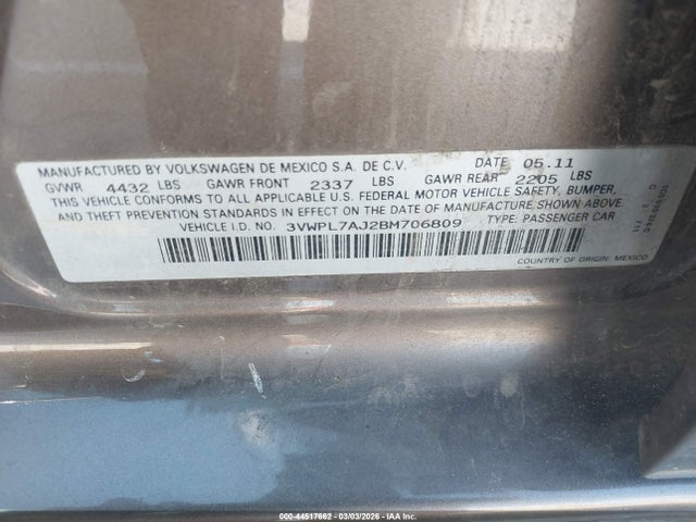Aukcja sprzedaży 2011 Volkswagen Jetta Sportwagen 2.0l Tdi, vin: 3VWPL7AJ2BM706809, numer aukcji: 44517662