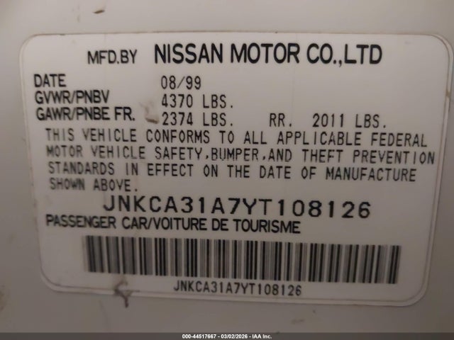 Aukcja sprzedaży 2000 Infiniti I30 Luxury/touring, vin: JNKCA31A7YT108126, numer aukcji: 44517667