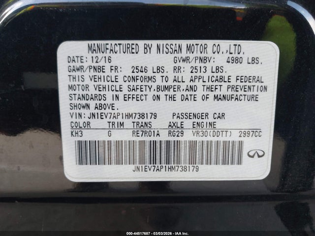 Продажа на аукционе авто 2017 Infiniti Q50 3.0t Premium, vin: JN1EV7AP1HM738179, номер лота: 44517687