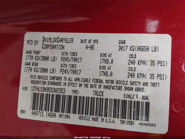 Продаж на аукціоні авто 2005 Dodge Ram 1500 Slt/laramie, vin: 1D7HU18N95S302353, номер лоту: 44517700