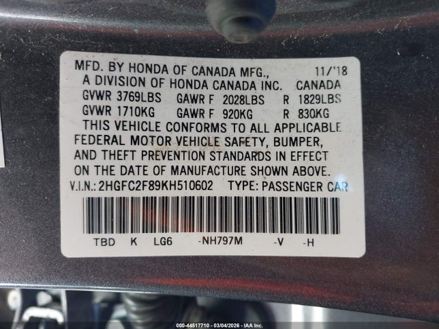 Honda Civic Sport 2019 2HGFC2F89KH510602 Image 9