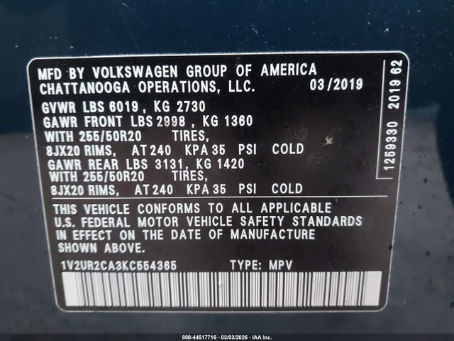Aukcja sprzedaży 2019 Volkswagen Atlas 3.6l V6 Se W/technology, vin: 1V2UR2CA3KC554365, numer aukcji: 44517716