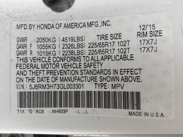 Aukcja sprzedaży 2016 Honda Cr-v Ex-l, vin: 5J6RM3H73GL003301, numer aukcji: 44517767