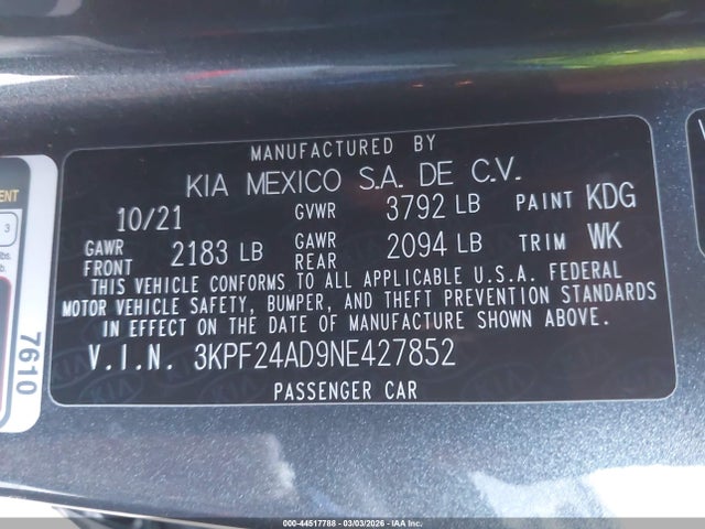 3KPF24AD9NE427852 KIA Forte Lxs
