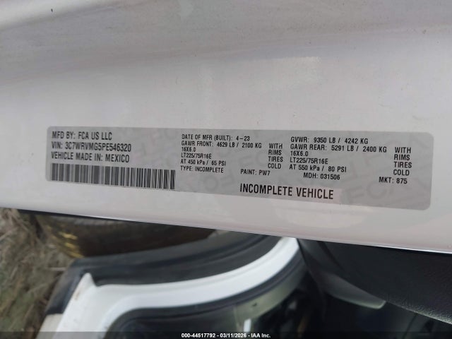 44517792 :رقم المزاد ، 3C7WRVMG5PE546320 vin ، 2023 Ram Promaster 3500 Cutaway Low Roof مزاد بيع