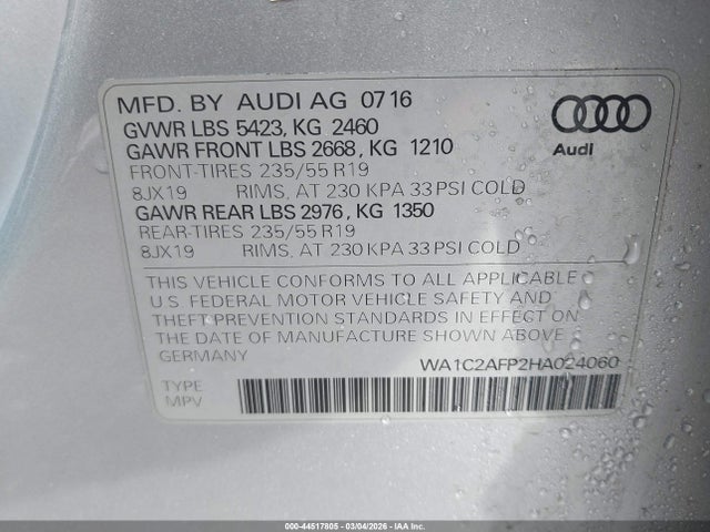 Продаж на аукціоні авто 2017 Audi Q5 2.0t Premium, vin: WA1C2AFP2HA024060, номер лоту: 44517805