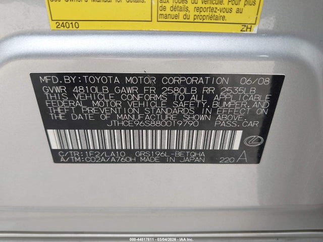44517811 :رقم المزاد ، JTHCE96S880019790 vin ، 2008 Lexus Gs 350 مزاد بيع