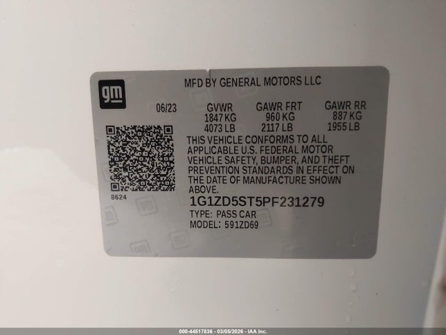 2023 Chevrolet Malibu Fwd 1lt მანქანა იყიდება აუქციონზე, vin: 1G1ZD5ST5PF231279, აუქციონის ნომერი: 44517836