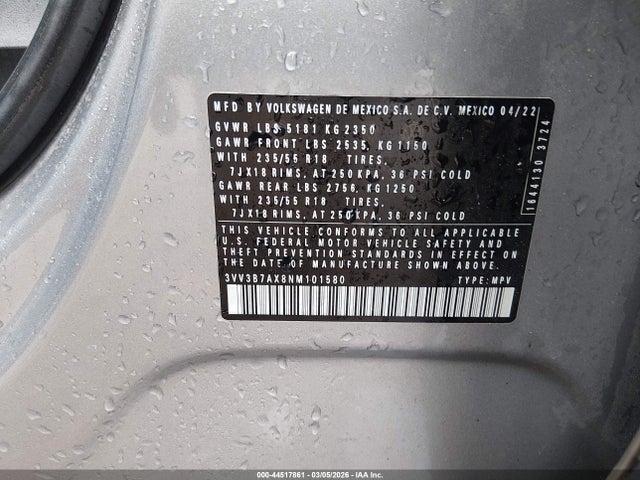 Продаж на аукціоні авто 2022 Volkswagen Tiguan 2.0t Se, vin: 3VV3B7AX8NM101580, номер лоту: 44517861