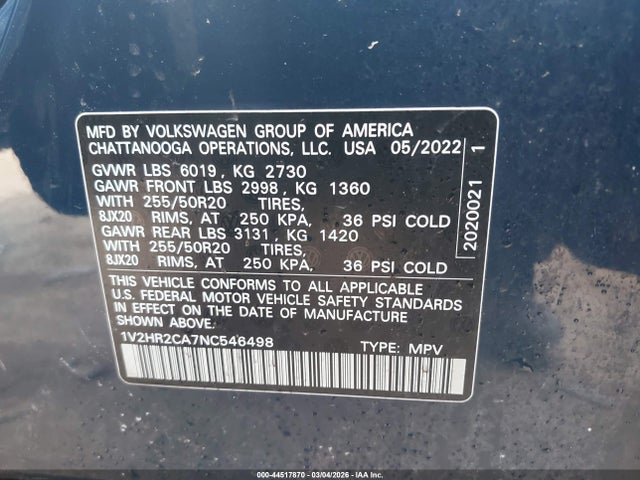 44517870 :رقم المزاد ، 1V2HR2CA7NC546498 vin ، 2022 Volkswagen Atlas 3.6l V6 Se W/technology مزاد بيع