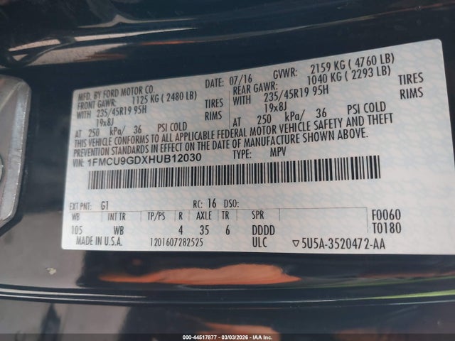 1FMCU9GDXHUB12030 Ford ESCAPE SE