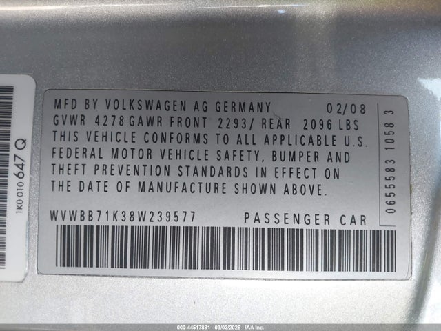 44517881 :رقم المزاد ، WVWBB71K38W239577 vin ، 2008 Volkswagen Rabbit S مزاد بيع