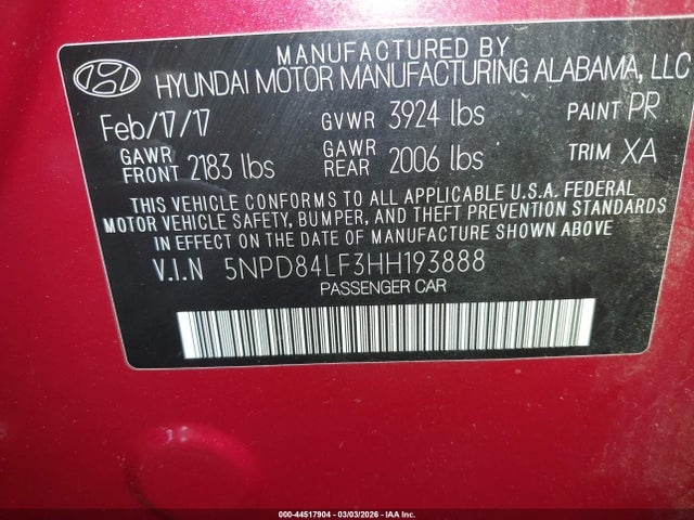 Hyundai ELANTRA SE 2017 5NPD84LF3HH193888 Image 9