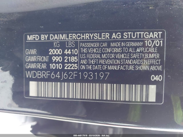 Aukcja sprzedaży 2002 Mercedes-benz C 320, vin: WDBRF64J62F193197, numer aukcji: 44517919