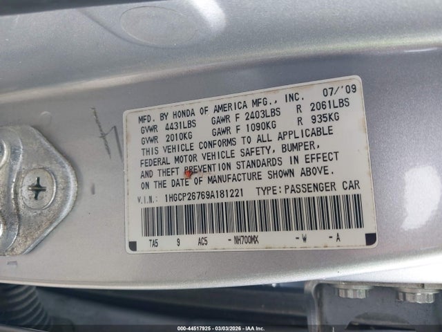 44517925 :رقم المزاد ، 1HGCP26769A181221 vin ، 2009 Honda Accord 2.4 Ex مزاد بيع