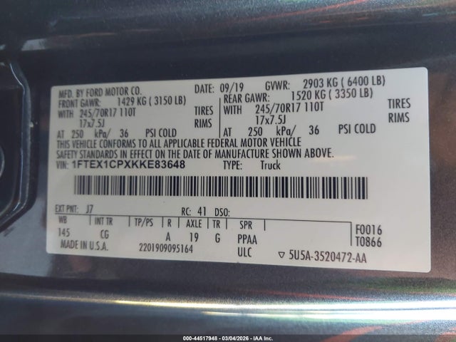 1FTEX1CPXKKE83648 Ford F-150 Xl