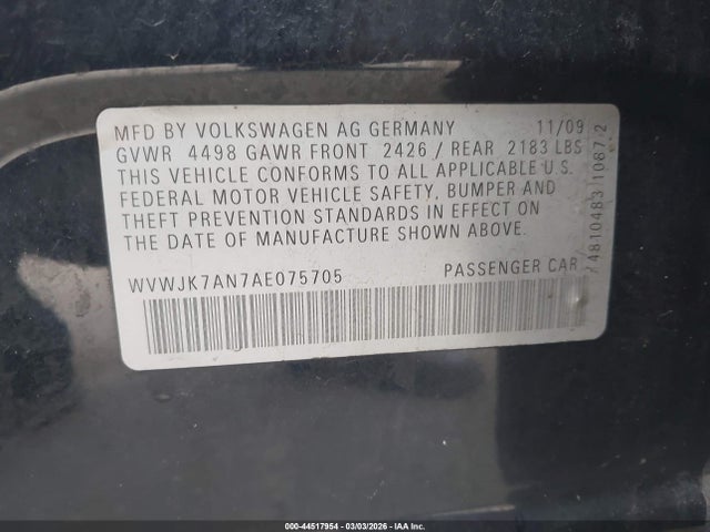 Продажа на аукционе авто 2010 Volkswagen Passat Komfort, vin: WVWJK7AN7AE075705, номер лота: 44517954