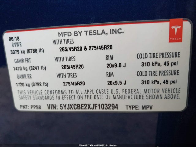 44517956 :رقم المزاد ، 5YJXCBE2XJF103294 vin ، 2018 Tesla Model X 100d/75d/p100d مزاد بيع
