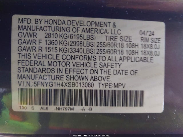 44517967 :رقم المزاد ، 5FNYG1H4XSB013080 vin ، 2025 Honda Pilot Ex-l مزاد بيع