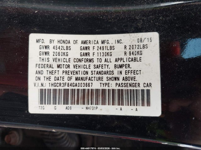 2016 Honda Accord Ex-l V-6 მანქანა იყიდება აუქციონზე, vin: 1HGCR3F84GA003667, აუქციონის ნომერი: 44517974