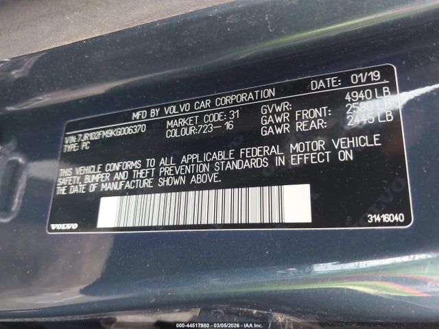 44517980 :رقم المزاد ، 7JR102FM9KG006370 vin ، 2019 Volvo S60 T5 R-design مزاد بيع